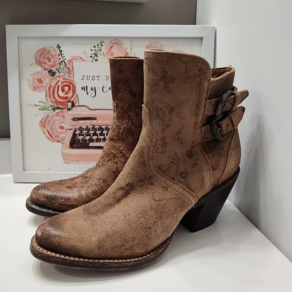 🥰EUC Lucchese Catalina Floral Genuine Leather Distressed Zip Ankle Boots, 7.5 - Picture 3 of 16